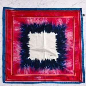 Roberto Cavalli 100% Silk Scarf 35x35 Red Blue Feather Print Made in Italy Rare